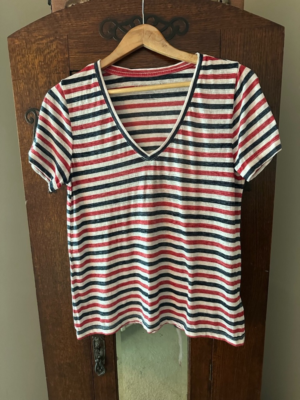 Lucky Brand Striped V-Neck Short Sleeve Top in Red, White & Blue Size L July 4th